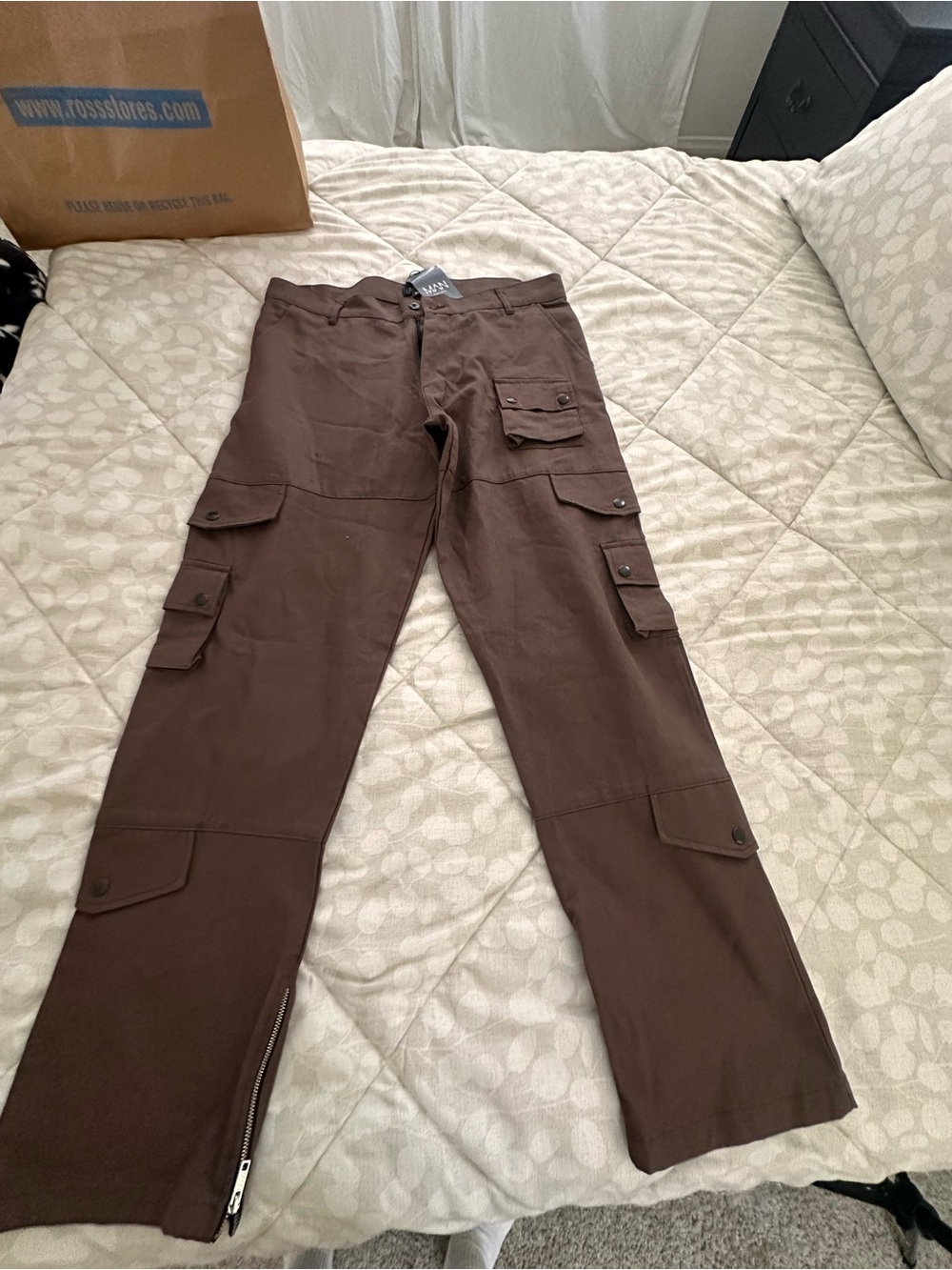 Boohoo Brown Cargo Pants with Zip Hem Detail